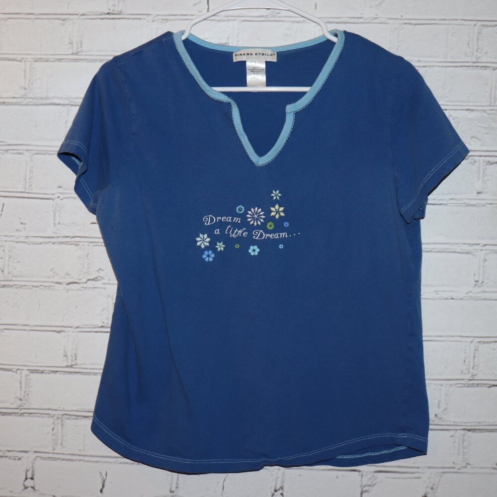 💙 Cinema Etoile Pajama Top · Women’s Medium · Blue Floral Script